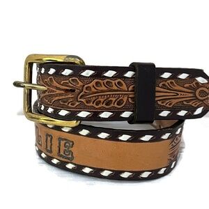 Vintage Tooled Leather Western Belt LESLIE Circle Y Size 28 Brown Rodeo Cowgirl